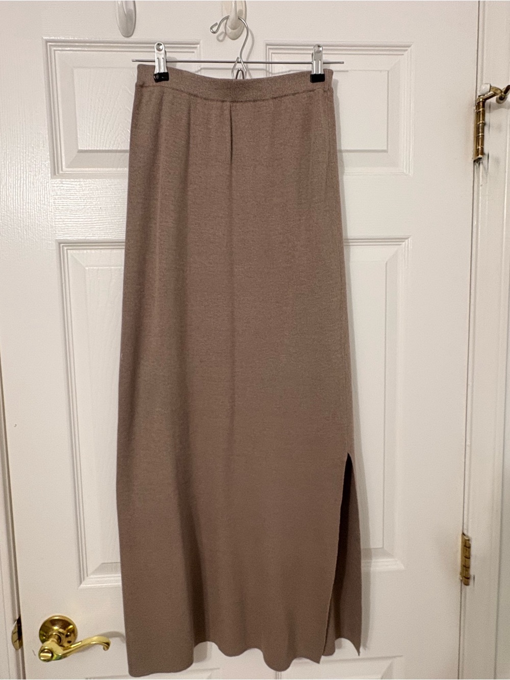 Women's Long Taupe Knit Skirt with Side Slit